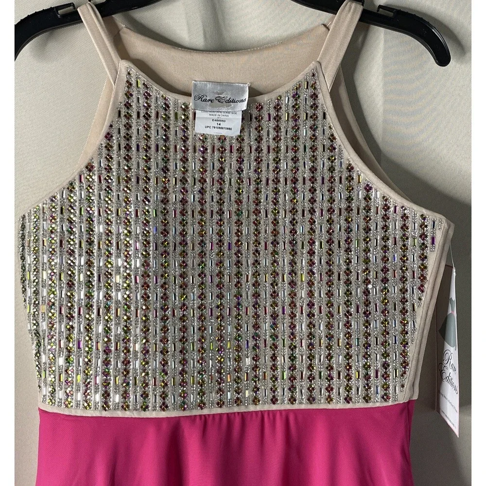 Rare Editions 14 Dress Fuchsia Pink Tan‎ Beaded Rhinestone Special Occasion NEW